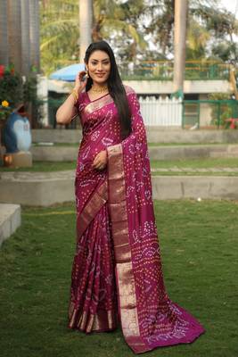 Koram Wine Bandhej Silk With Zari Weaving Border And Bandhej Pallu Saree With Blouse For Women  3