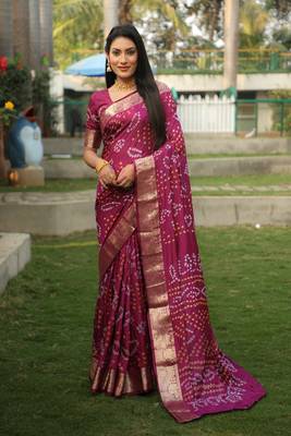 Koram Wine Bandhej Silk With Zari Weaving Border And Bandhej Pallu Saree With Blouse For Women  5
