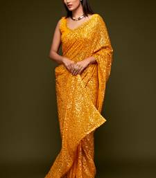 Heavenly Honey Yellow Thread And Multiple Sequins Embroidered Georgette Saree Parties And Traditional Occasions