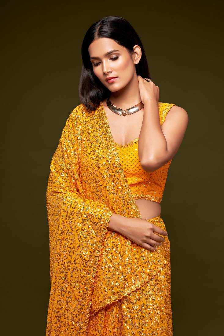 Heavenly Honey Yellow Thread And Multiple Sequins Embroidered Georgette Saree Parties And Traditional Occasions