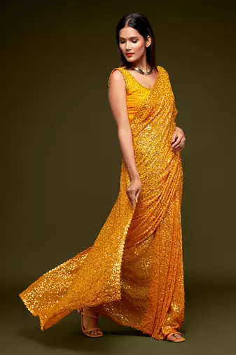 Heavenly Honey Yellow Thread And Multiple Sequins Embroidered Georgette Saree Parties And Traditional Occasions