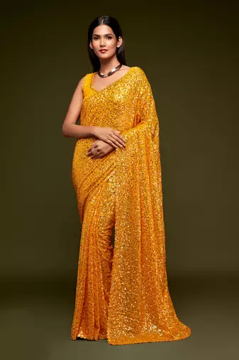 Heavenly Honey Yellow Thread And Multiple Sequins Embroidered Georgette Saree Parties And Traditional Occasions