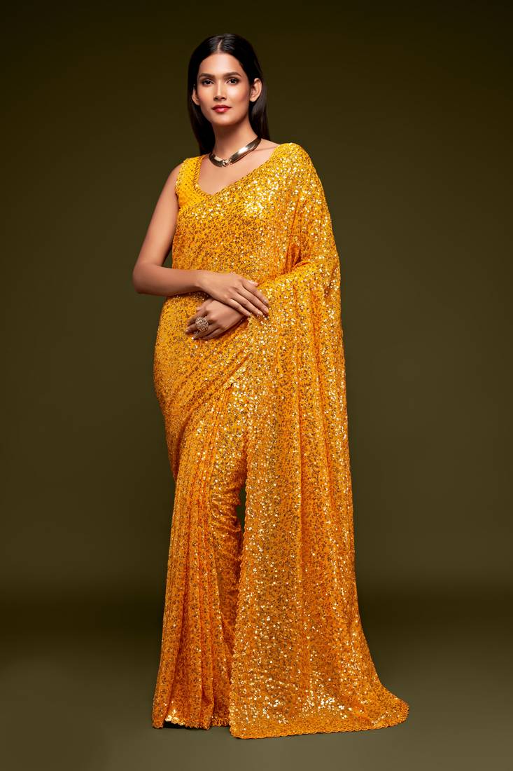 Heavenly Honey Yellow Thread And Multiple Sequins Embroidered Georgette Saree Parties And Traditional Occasions
