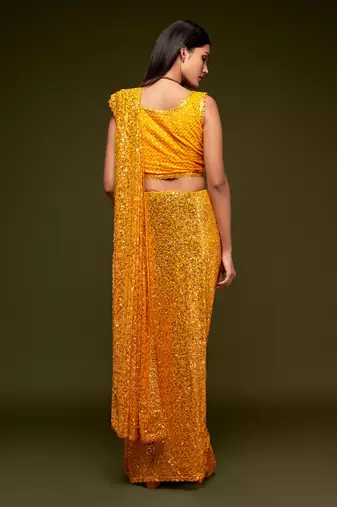 Heavenly Honey Yellow Thread And Multiple Sequins Embroidered Georgette Saree Parties And Traditional Occasions