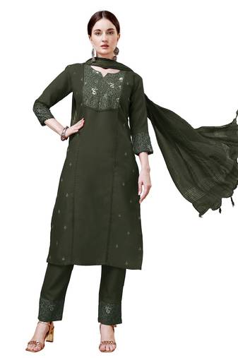 Dark Green Cotton Blend Kurta Set