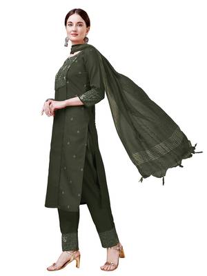 Dark Green Cotton Blend Kurta Set 3