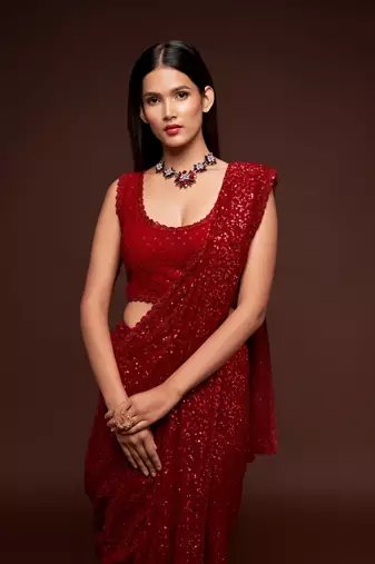 Ruby Red Sequins Embroidered Georgette Latest Designers Party Saree
