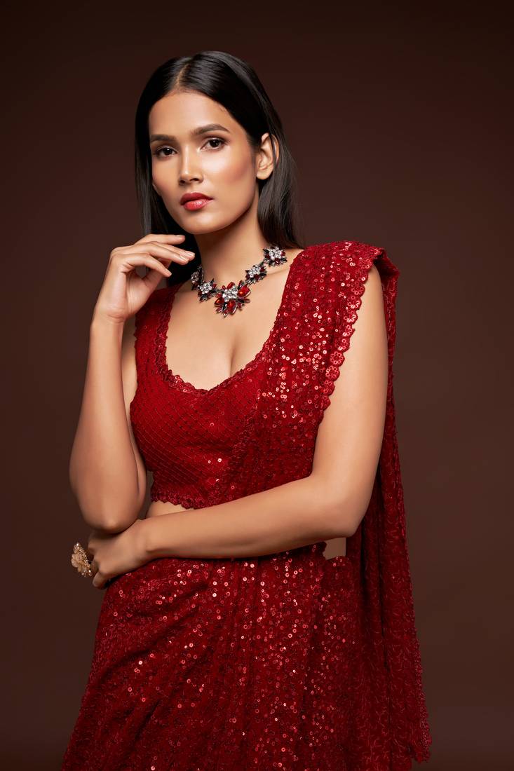 Ruby Red Sequins Embroidered Georgette Latest Designers Party Saree