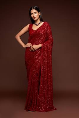 Ruby Red Sequins Embroidered Georgette Latest Designers Party Saree 5