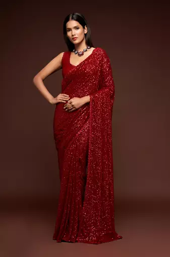 Ruby Red Sequins Embroidered Georgette Latest Designers Party Saree