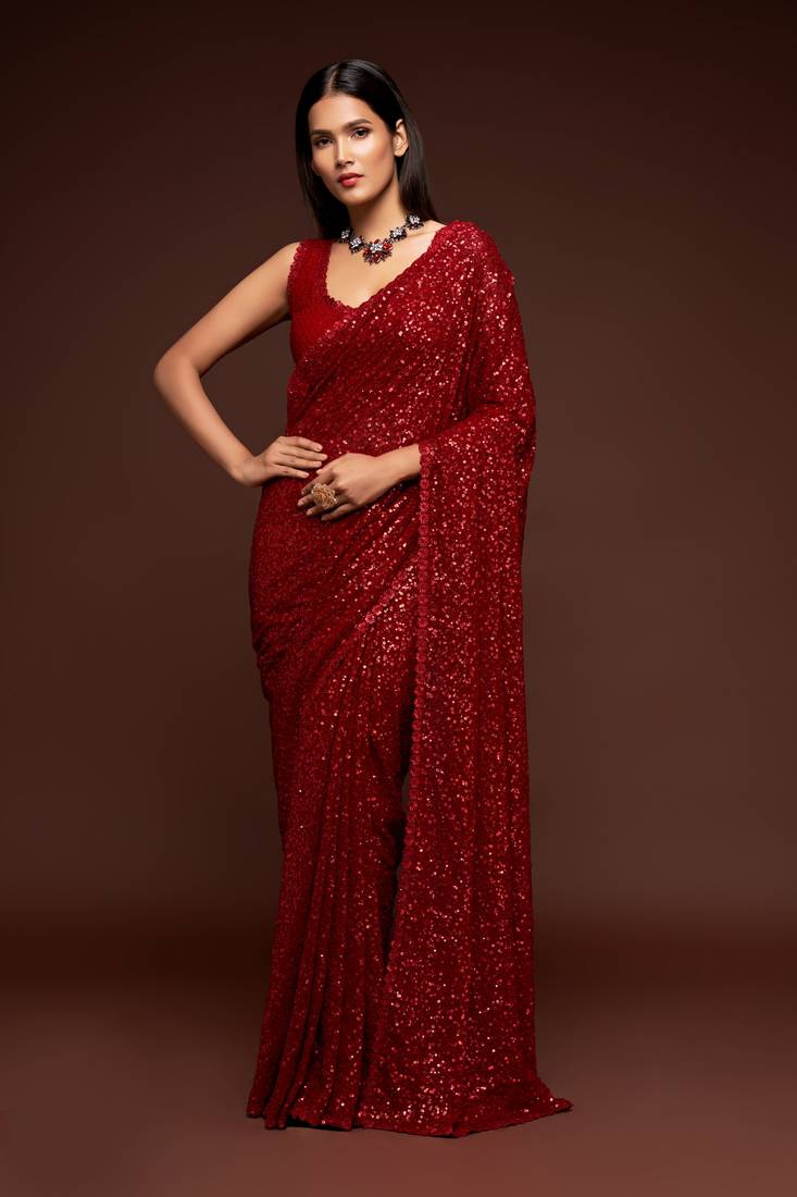 Ruby Red Sequins Embroidered Georgette Latest Designers Party Saree
