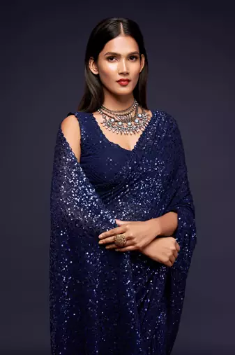 Blush Blue Thread And Multiple Sequins Embroidered Georgette Saree Best Collection Saree For Wedding
