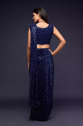 Blush Blue Thread And Multiple Sequins Embroidered Georgette Saree Best Collection Saree For Wedding