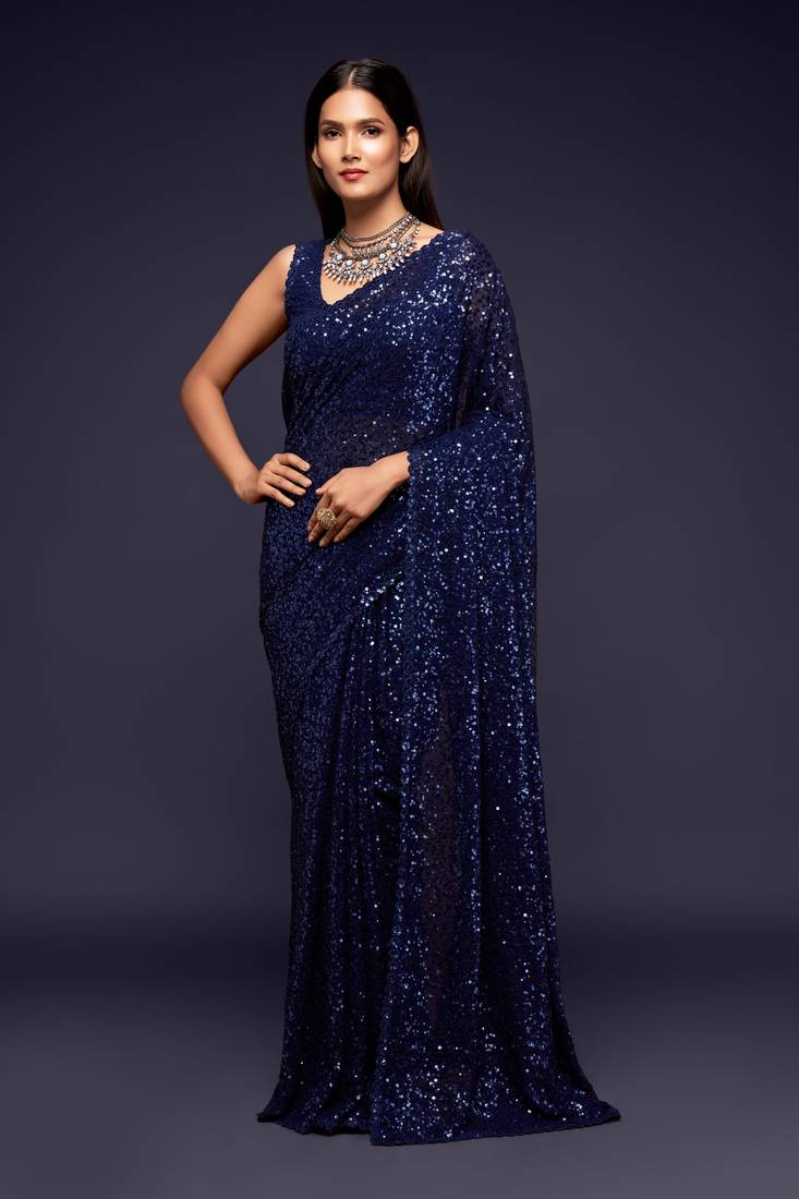Blush Blue Thread And Multiple Sequins Embroidered Georgette Saree Best Collection Saree For Wedding