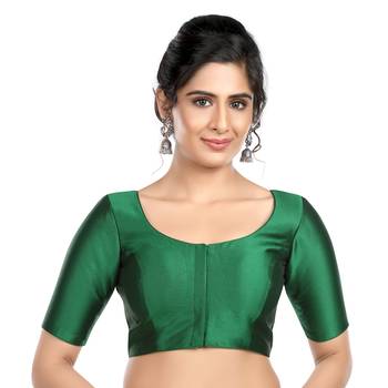 Plain Green Silk Round Neck Sleeveless Readymade Blouse 1