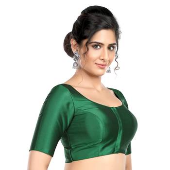 Plain Green Silk Round Neck Sleeveless Readymade Blouse 2