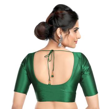 Plain Green Silk Round Neck Sleeveless Readymade Blouse 3