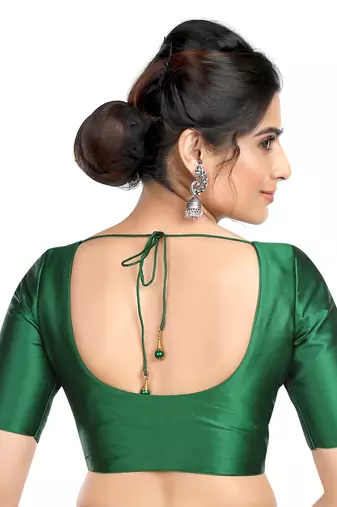 Plain Green Silk Round Neck Sleeveless Readymade Blouse