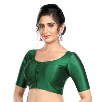 Plain Green Silk Round Neck Sleeveless Readymade Blouse 4