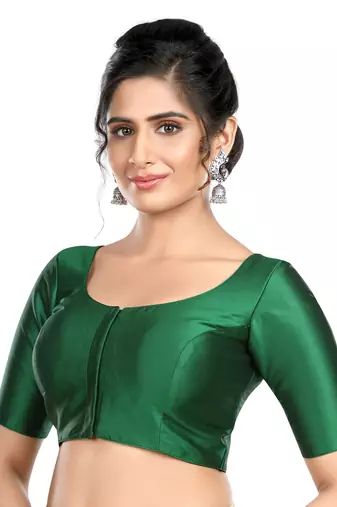 Plain Green Silk Round Neck Sleeveless Readymade Blouse