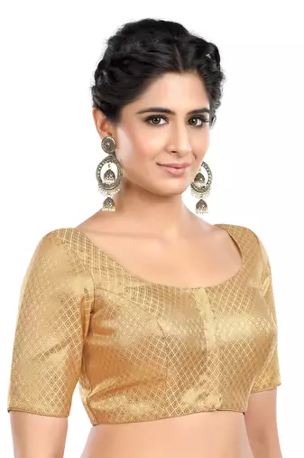 Golden Rhombus Woven Round Neck Half Sleeves Readymade Blouse