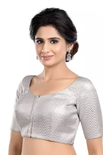 Silver Zigzag Woven Round Neck Half Sleeves Readymade Blouse