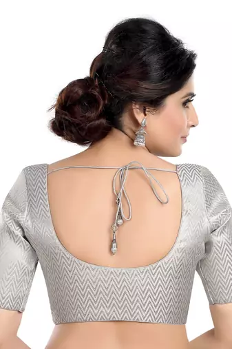 Silver Zigzag Woven Round Neck Half Sleeves Readymade Blouse