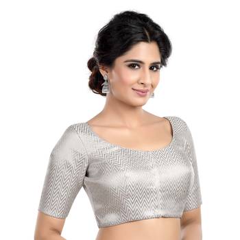 Silver Zigzag Woven Round Neck Half Sleeves Readymade Blouse 4
