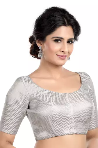 Silver Zigzag Woven Round Neck Half Sleeves Readymade Blouse