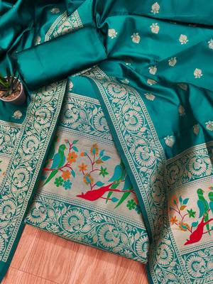 Teal banarasi paithani silk  unstitched dress material 1