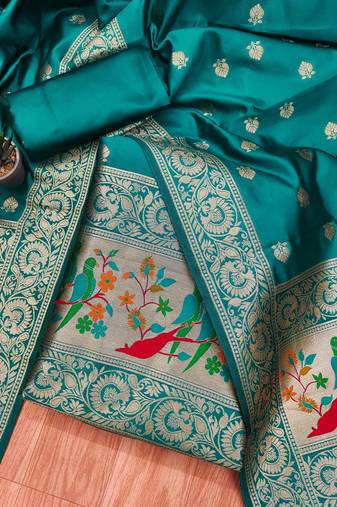 Teal banarasi paithani silk  unstitched dress material