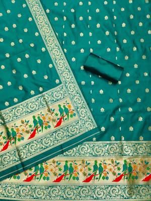 Teal banarasi paithani silk  unstitched dress material 2
