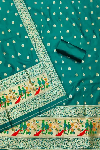 Teal banarasi paithani silk  unstitched dress material
