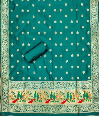 Teal banarasi paithani silk  unstitched dress material 3