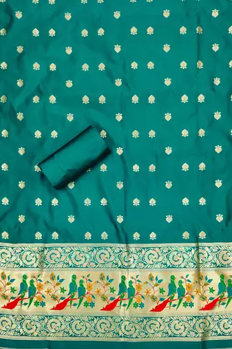 Teal banarasi paithani silk  unstitched dress material