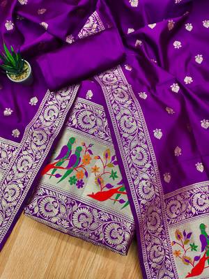 Purple banarasi paithani silk  unstitched dress material 1