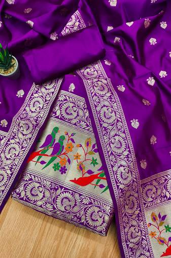 Purple banarasi paithani silk  unstitched dress material