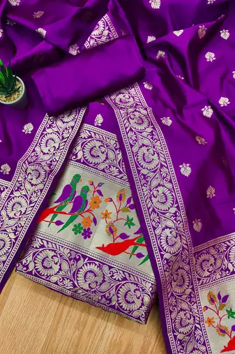Purple banarasi paithani silk  unstitched dress material