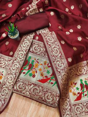 Maroon banarasi paithani silk  unstitched dress material 1