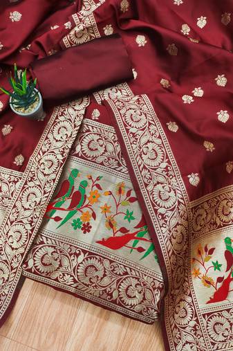 Maroon banarasi paithani silk  unstitched dress material