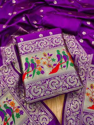 Purple banarasi paithani silk  unstitched dress material 2