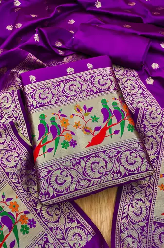 Purple banarasi paithani silk  unstitched dress material