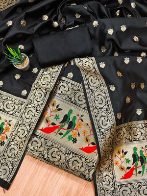 Black banarasi paithani silk  unstitched dress material 1