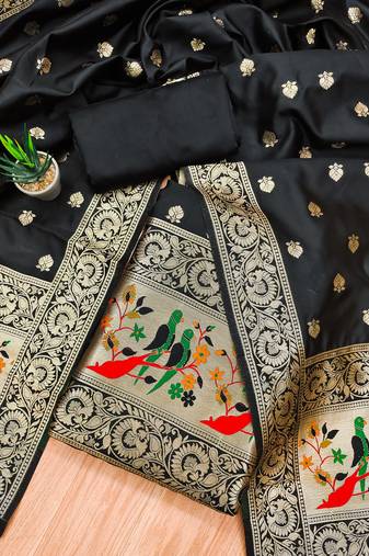 Black banarasi paithani silk  unstitched dress material