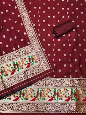Maroon banarasi paithani silk  unstitched dress material 2