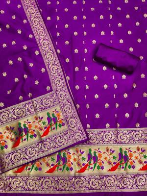 Purple banarasi paithani silk  unstitched dress material 3