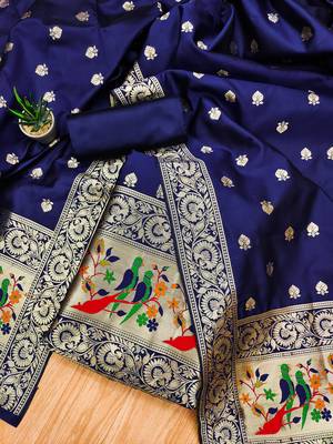 Blue banarasi paithani silk  unstitched dress material 1