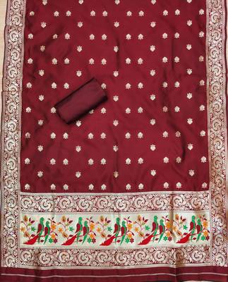 Maroon banarasi paithani silk  unstitched dress material 3