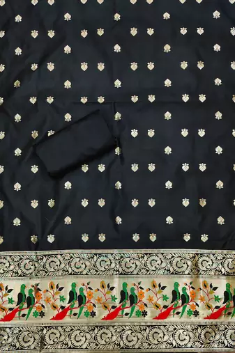 Black banarasi paithani silk  unstitched dress material