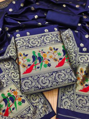 Blue banarasi paithani silk  unstitched dress material 2